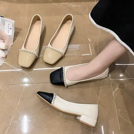永希法式方头浅口单鞋女2024年春秋新款仙女风简约粗跟珍珠豆豆鞋商品大图