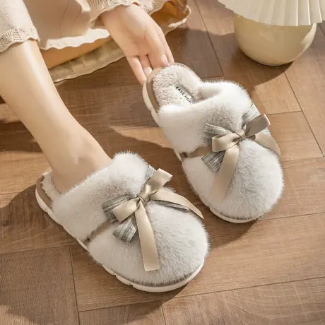 蝴蝶结棉拖鞋女士月子秋冬防滑保暖室内家居2025新款毛毛拖鞋冬天图片
