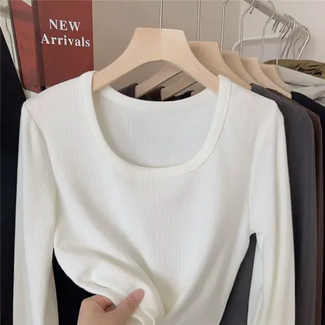 韩国秋冬女装新款通勤纯色小方领长袖t恤保暖发热打底衫 黑白咖灰商品大图