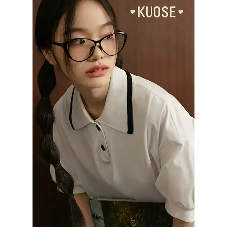 阔色衬衫拼接针织Polo衫女2023夏季新款短袖白色衬衣半袖上衣商品大图