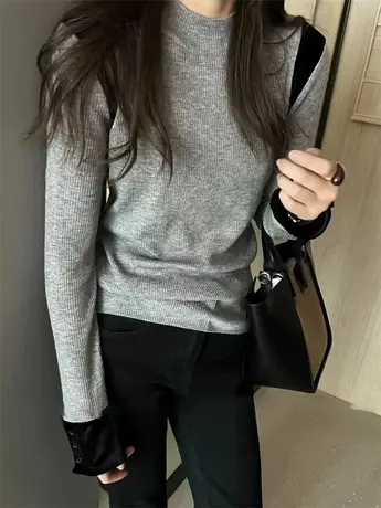 欧货半高领丝绒袖拼色羊毛打底衫女2023冬季新款宽松百搭针织衫潮商品大图