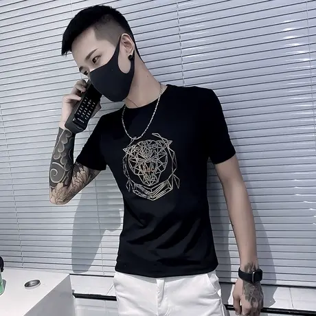 夏季男士t恤打底衫短袖修身半袖紧身烫钻简约青年休闲潮流体恤商品大图