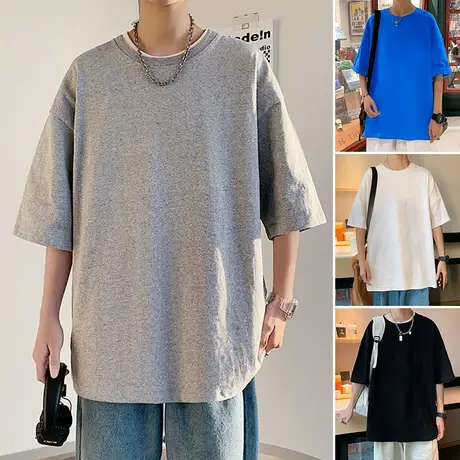 夏季短袖t恤男潮牌ins纯棉宽松半袖青年圆领体恤港风纯色打底衣服商品大图