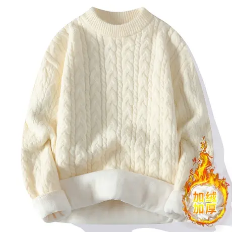 圆领毛衣男秋冬季加绒加厚绵羊绒内搭青少年慵懒风潮流打底针织衫商品大图