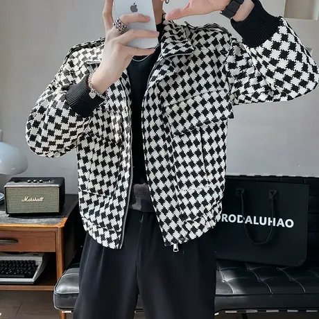 秋季菱形格子潮牌花色学生外套青少年潮流百搭ins个性男痞帅夹克商品大图
