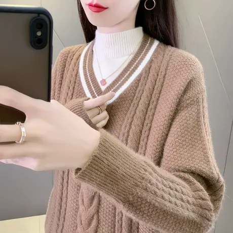 假两件加厚撞色毛衣女款2024新款冬季爆款洋气时尚秋冬内搭打底衫图片