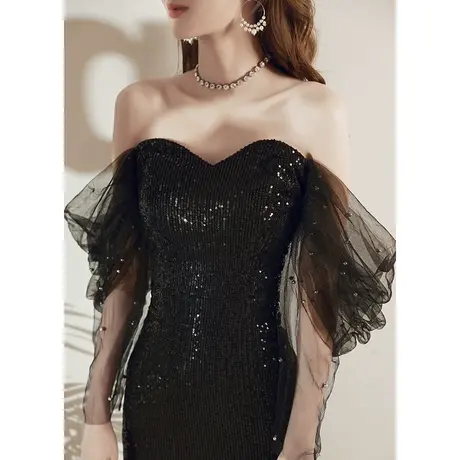 黑色晚礼服裙女2023新款爆款宴会名媛气质长款亮片性感生日晚宴裙商品大图