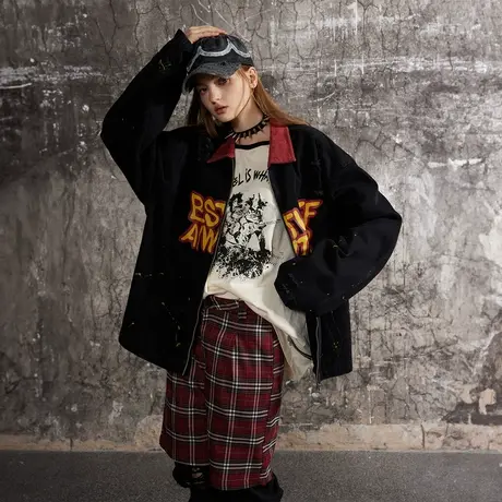 复古潮牌拼接外套女2024新款春装印花情侣装宽松oversize夹克上衣图片