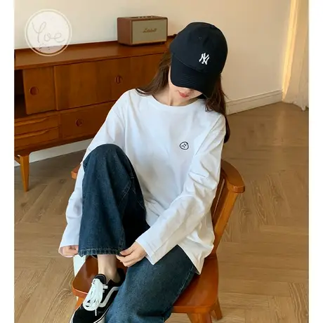 yoe基础款白色长袖t恤女别致休闲百搭学生纯棉打底衫女显瘦上衣图片