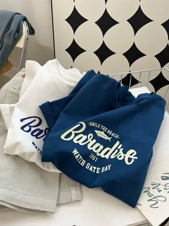 美式复古孔雀蓝字母印花短袖t恤女夏季宽松chic港风半袖纯棉上衣图片