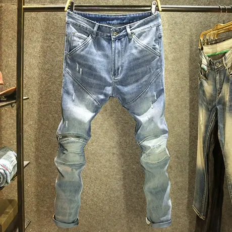 2024新款美式机车牛仔裤男韩版弹力修身小脚裤潮牌猫须破洞裤子男商品大图