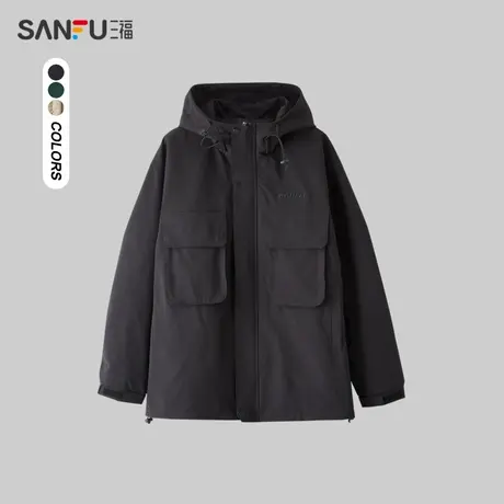 三福2024春季男士双口袋工装外套 日系户外连帽上衣男482234商品大图