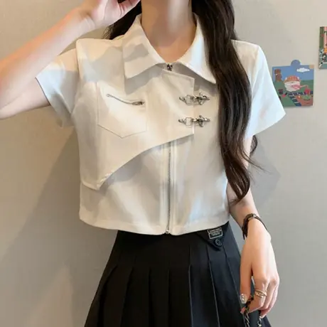 正肩短袖衬衫女夏季2023新款气质衬衣设计感小众轻熟法式上衣短款商品大图