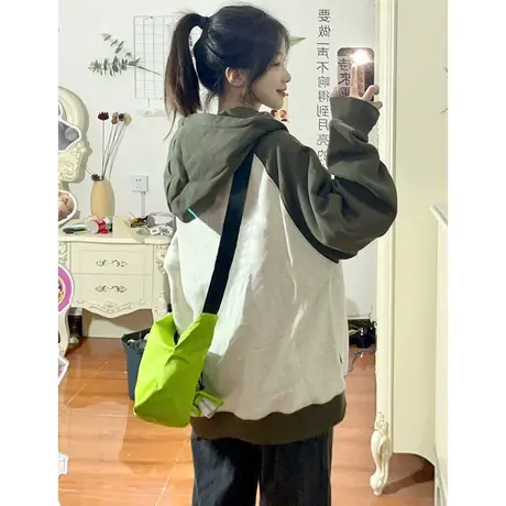 美式复古撞色插肩拉链卫衣女薄款春秋oversize宽松慵懒风开衫外套商品大图