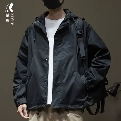 希越户外工装连帽外套男2024春季新款宽松大码美式机车服男士夹克商品大图