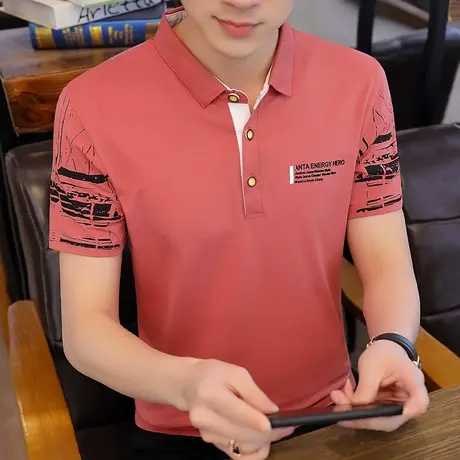 2023夏季翻领纯棉Polo衫男短袖韩版修身印花休闲青年学生T恤打底商品大图