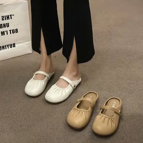 包头半拖鞋女2024年春夏季新款一字带玛丽珍鞋配裙子透气平底拖鞋商品大图