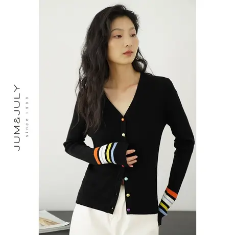 嘉茱莉早春新款上衣多彩撞色针织开衫女V领针织开衫修身打底衫图片