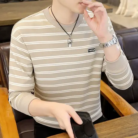 2023秋冬新款男士条纹长袖T恤衫加肥加大码学生体恤个性秋衣小衫图片