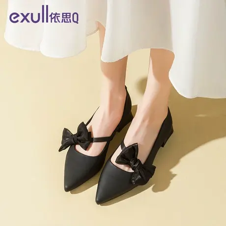 依思q平底鞋单鞋女鞋尖头2024新款春季法式黑色蝴蝶结低跟鞋子商品大图