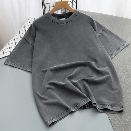 重磅纯棉t恤男短袖美式宽松圆领落肩五分袖夏季全棉半袖纯色体恤商品大图