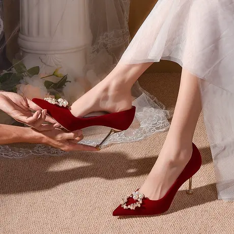 婚鞋女秀禾主婚纱两穿2023年新款中式新娘鞋红色水晶高跟鞋不累脚商品大图