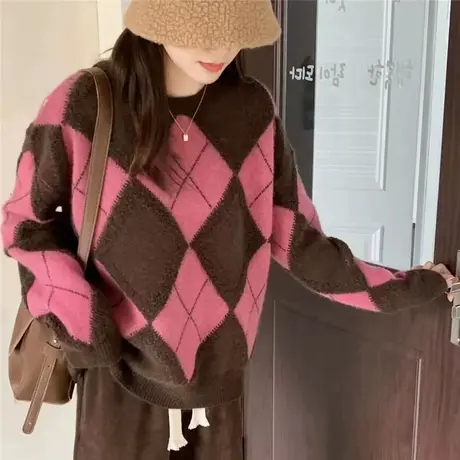 菱形格撞色圆领毛衣女秋冬软糯宽松慵懒风套头针织衫加厚冬季外穿图片
