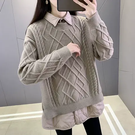 假两件棉服女早春2023新款韩版宽松显瘦针织毛衣拼接加厚套头上衣商品大图