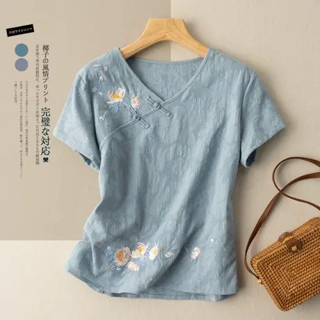 刺绣斜襟盘扣棉麻T恤女2022春夏新款薄款文艺复古亚麻上衣女绣花商品大图