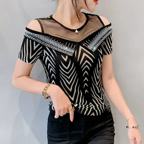 欧货性感露肩上衣女短袖气质网纱拼接T恤字母印花小衫烫钻半袖夏图片