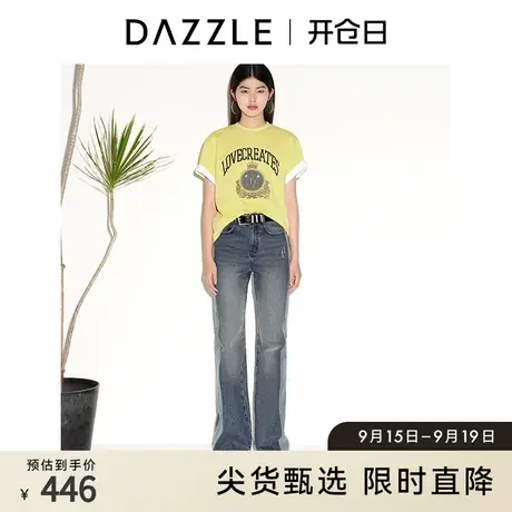 DAZZLE地素奥莱 春夏复古通勤圆领航海刺绣印花黄色短袖T恤女图片