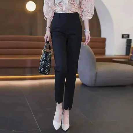 白色西装裤女春秋小个子休闲烟管裤修身2023港味开叉小脚职业西裤图片