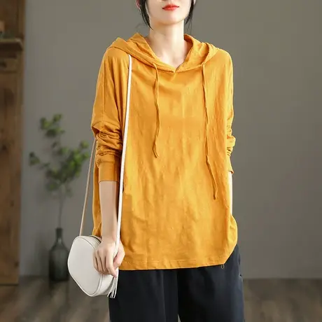 dza连帽纯棉宽松t恤女士长袖外套2022新款体恤秋季上衣短款打底衫商品大图