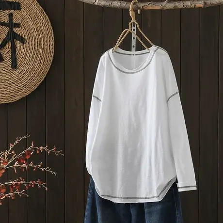 枫谜2023夏季新款明线撞色竹节棉长袖T恤宽松休闲百搭打底上衣图片