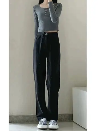 清仓捡漏黑色直筒牛仔裤女春秋2023新款百搭高腰显瘦阔腿拖地裤商品大图
