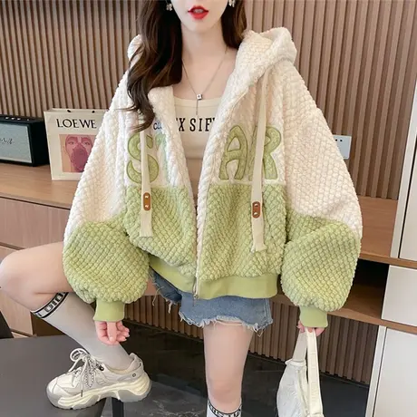 羊羔毛外套女秋冬季韩版宽松加绒加厚设计感小众撞色保暖开衫卫衣商品大图