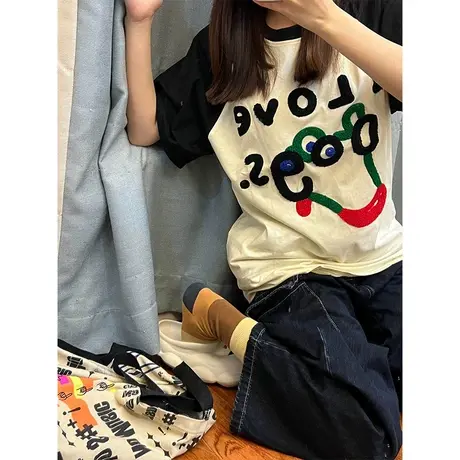 纯棉设计感小狗植绒刺绣短袖t恤女夏季新款港风chic小众宽松上衣商品大图