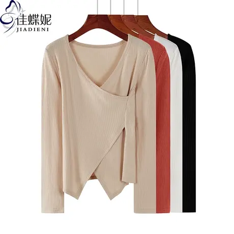 早春新款韩版V领修身纯色小心机T恤小衫长袖体恤上衣内搭女打底衫商品大图