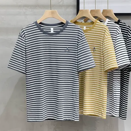 条纹短袖t恤男士夏季圆领微宽松刺绣半袖上衣时尚休闲潮牌体恤男图片
