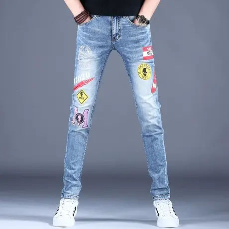 2023男士春夏牛仔裤时尚潮流烫钻印花修身小脚裤男潮牌欧版美式裤商品大图