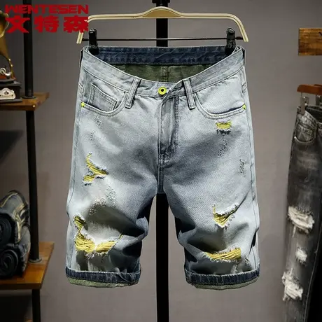 复古牛仔裤男宽松休闲破洞中裤夏季新款青年乞丐五分裤子男士中裤商品大图