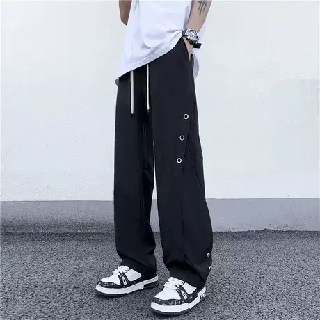 美式机能风排扣冲锋裤男生夏季薄款宽松休闲直筒高街工装裤子潮牌商品大图