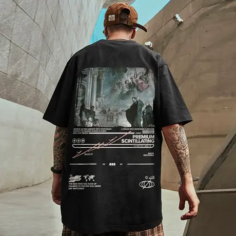 oversize美式潮牌胖子男装大码国潮嘻哈宽松油画短袖T恤男款半袖商品大图