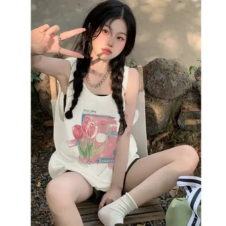 纯棉吊带运动坎肩背心无袖t恤女夏季设计感小众外穿宽松挂脖上衣图片