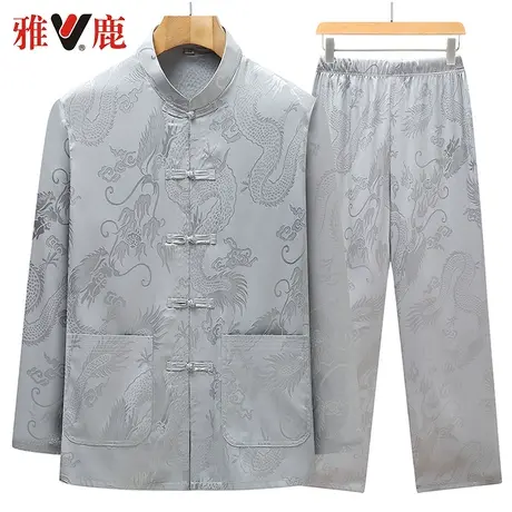 雅鹿中老年男唐装秋季长袖爸爸装薄款中国风爷爷休闲老人中式套装图片