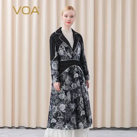 VOA34姆米真丝色织提花黑底白菊翻领立体褶皱单排扣桑蚕丝外套商品大图