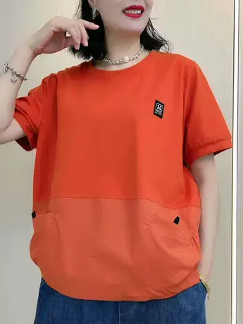 圆领拼接短袖t恤真口袋夏季新款女装休闲韩版宽松遮肚显瘦洋气潮商品大图