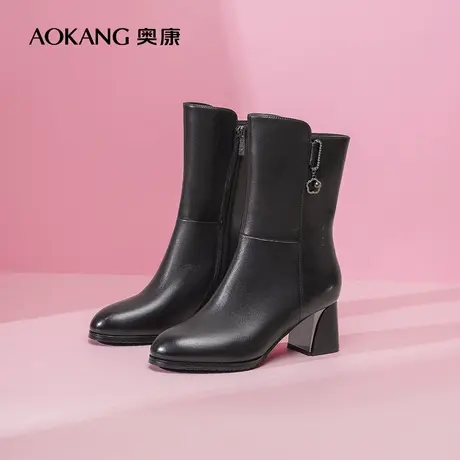 【门店发货】奥康女鞋 2022冬季新款舒适中筒时装靴粗高跟显瘦潮商品大图