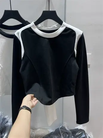 辣妹小上衣女秋季新款美式复古别致撞色长袖小个子正肩短款T恤女商品大图
