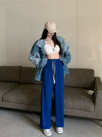 冰丝休闲裤女高腰宽松垂感阔腿拖地裤春季韩版松紧腰绑带直筒裤子图片